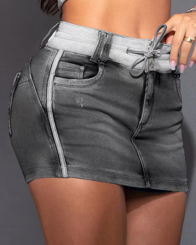 Short Contrast Color Drawstring Women's Bodycon Denim Short Skirt