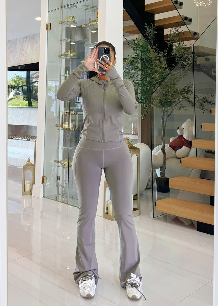 Women's Casual Gray High Stretch Hooded Zipper Top Slim Fit Trousers Sports Suit 4