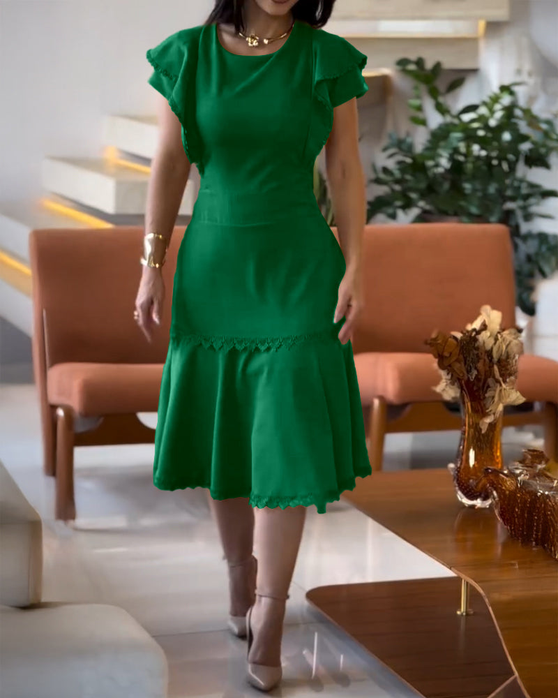 Solid Color Lace Trim Patchwork Bell Sleeve Slim Waist Ruffle Dress 5