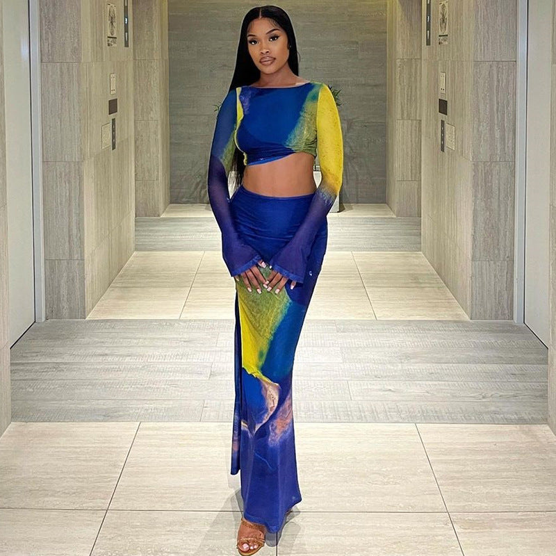 Bell Bottom Sleeve Pleated Crop Top High Waisted Bodycon Skirt Fashionable Two-Piece Printed Tight Fitting Skirt Set