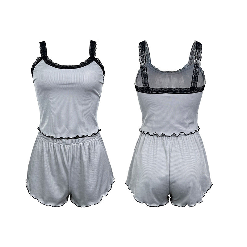 Fashionable Contrasting Sexy Straps Two Piece Shorts Set Women's Home Wear Pajamas 7
