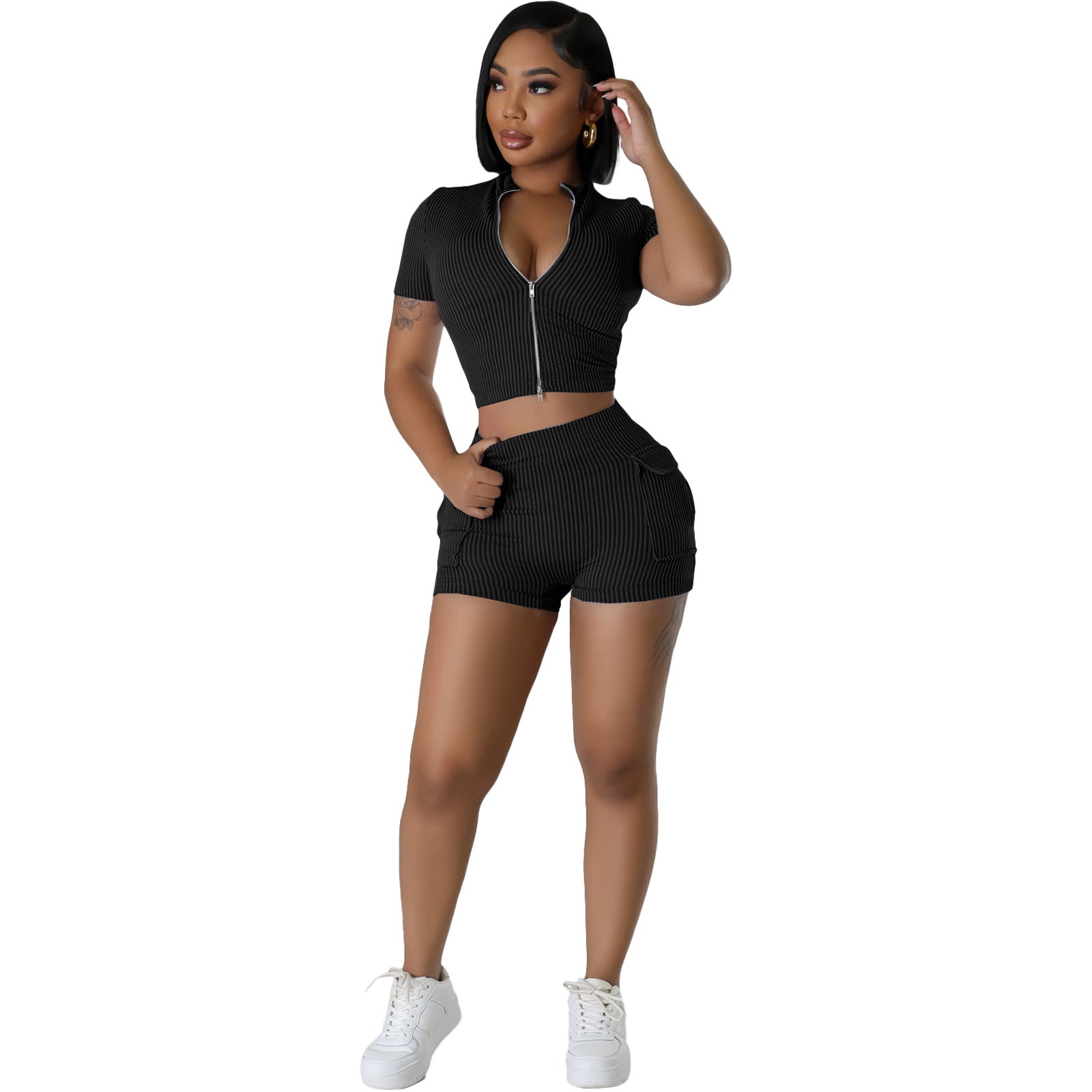 Female Fashion Two-Way Zipper Casual Solid Color Short Sleeve Two Piece Shorts Set 7