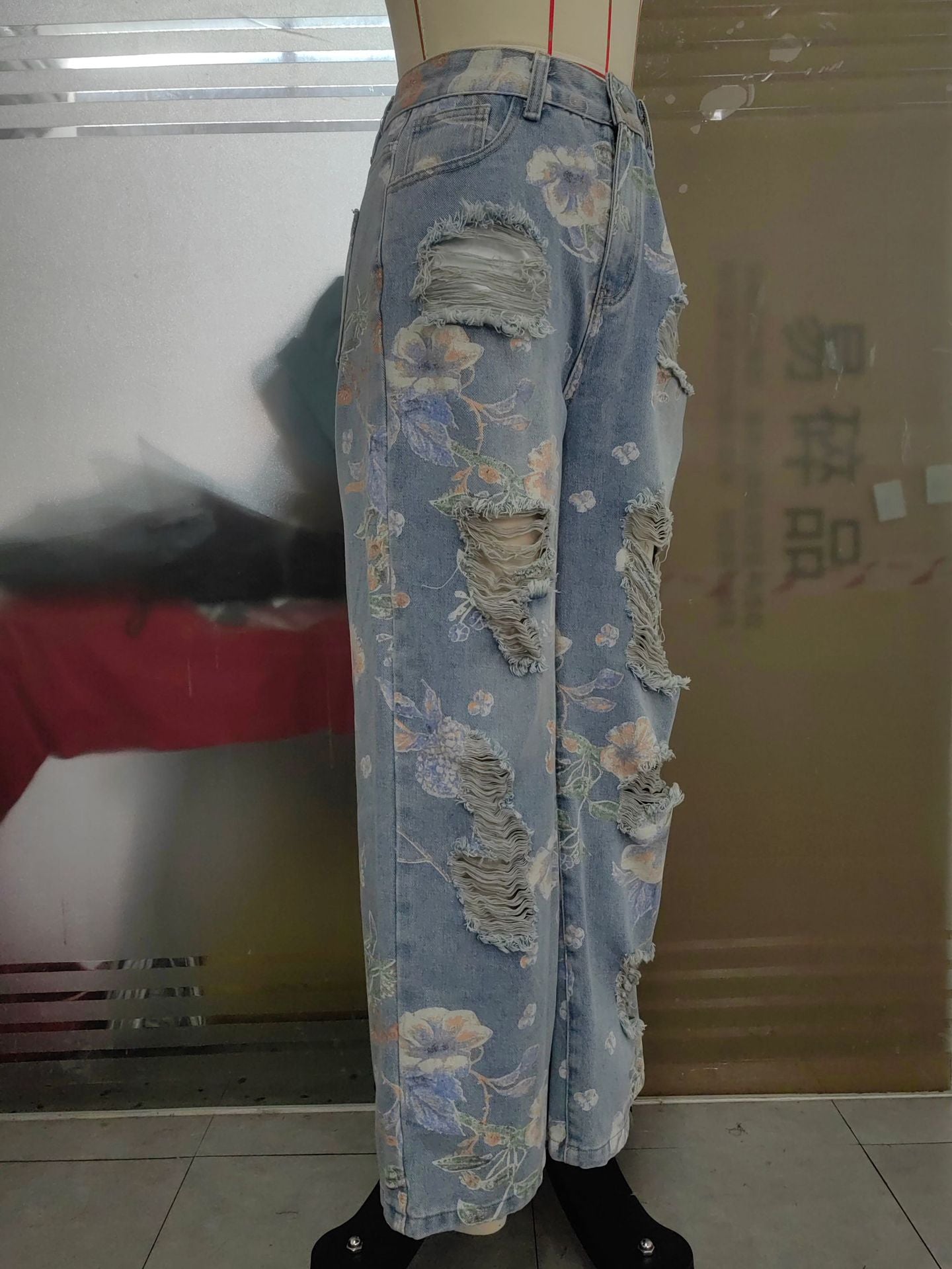 Spring Floral Print Ripped High Waist Loose Straight Denim Pants 6