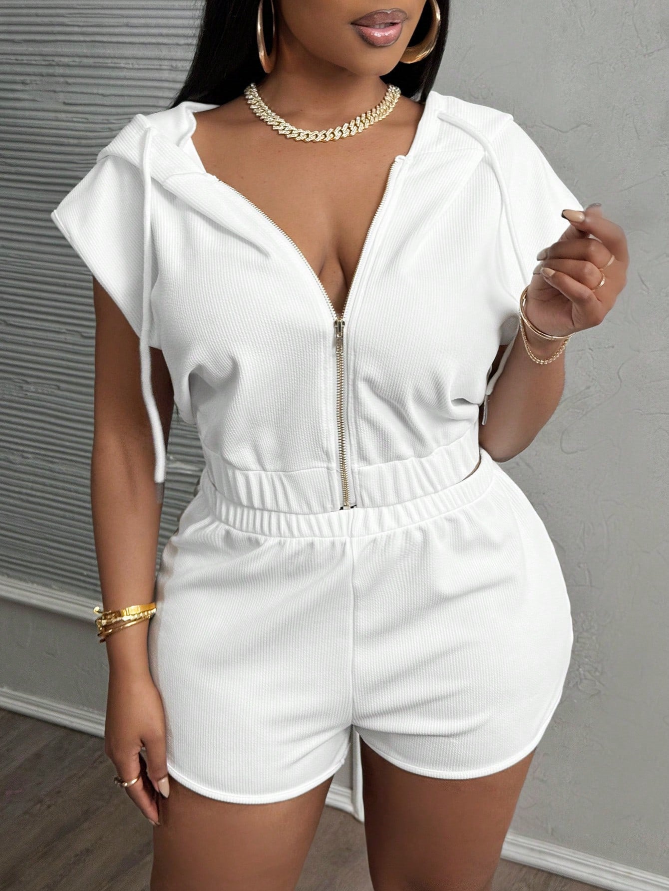Summer Trendy Style Solid Color Zip-Up Hooded Two Piece Shorts Set 7