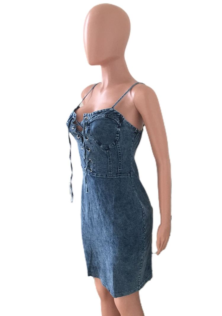 Summer Casual Blue Lace Up Strap Bodycon Denim Dress 4