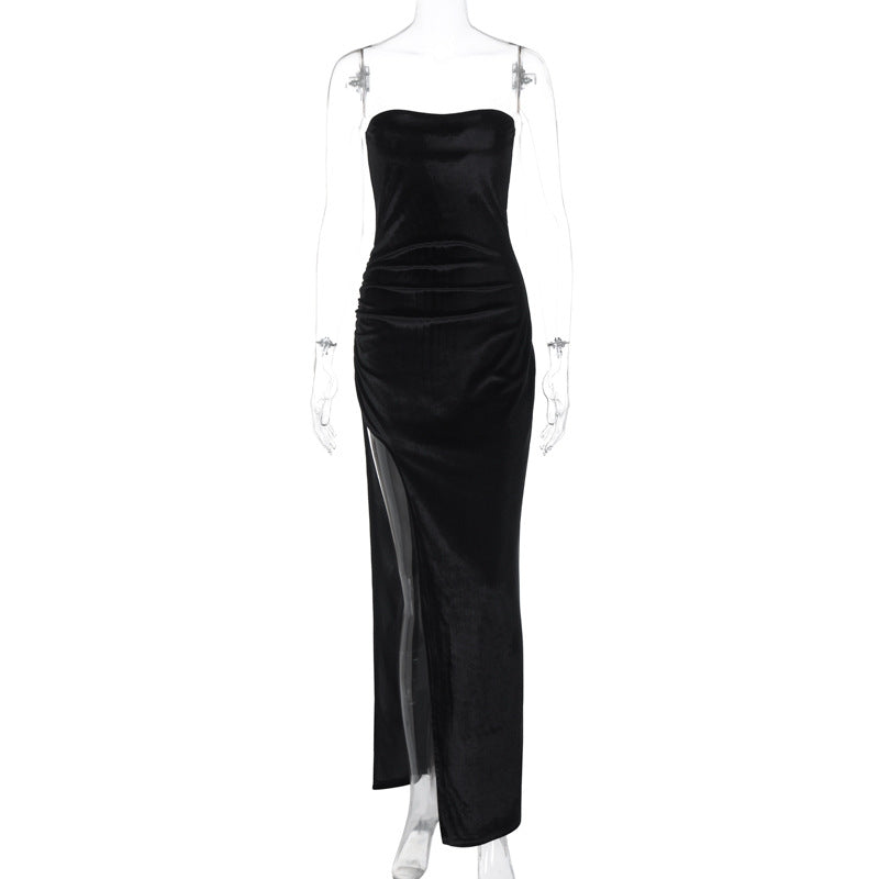 Women's Spring Fashion Sexy Slit Pleated Strapless Dress 7