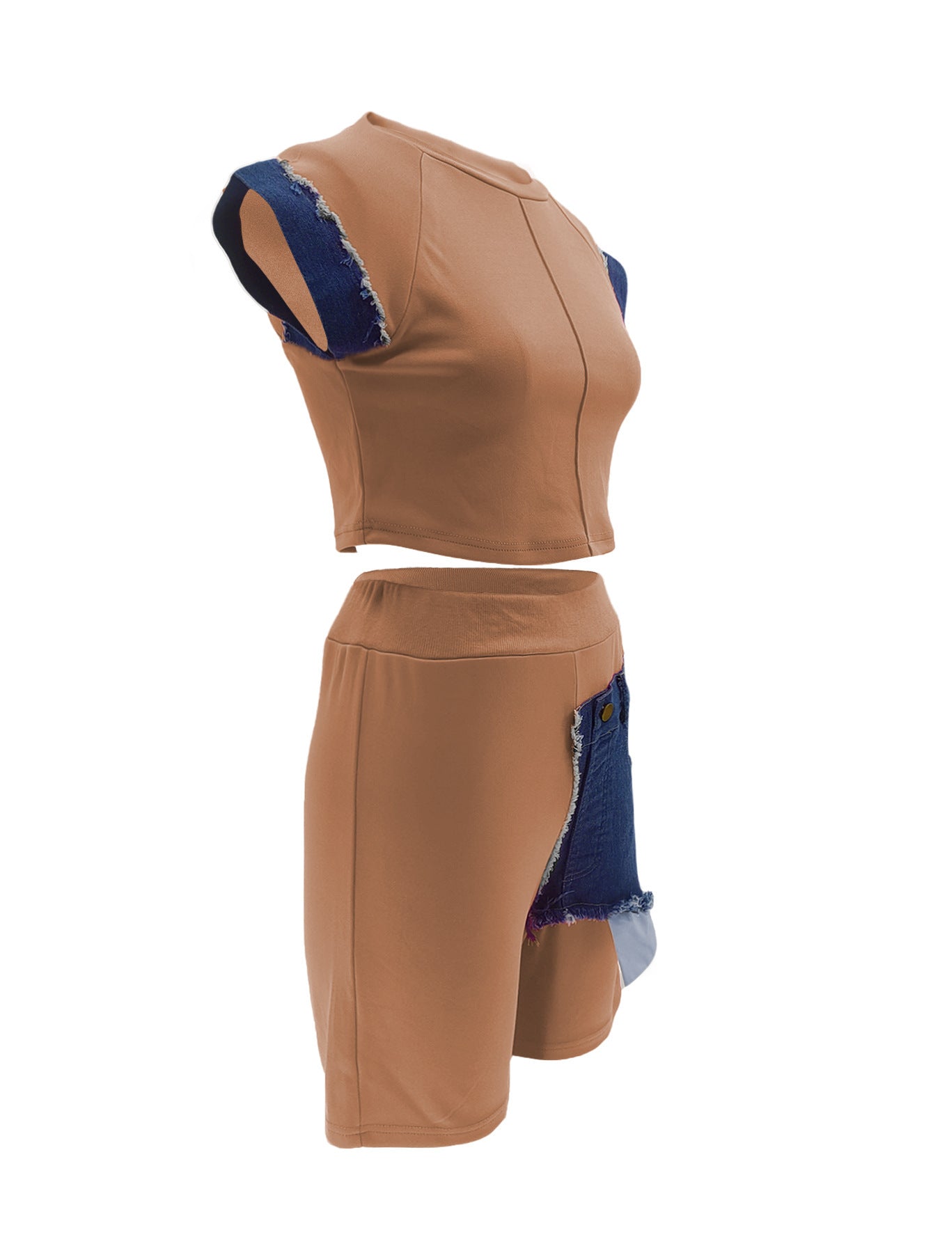 Women Casual Denim Patchwork Short-sleeved Top and Shorts Two-piece Set 29