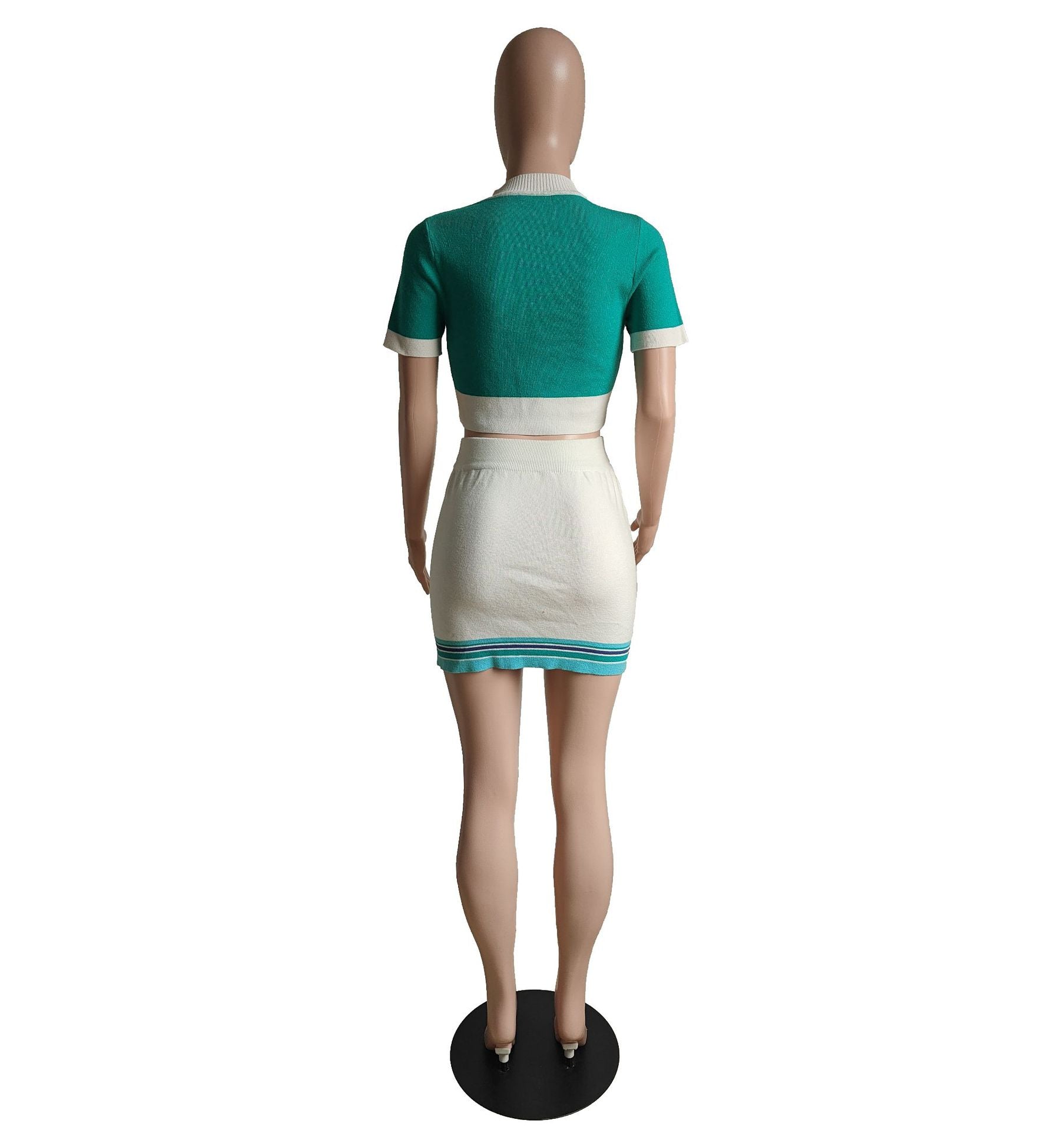 Women Spring Sexy Contrast Knitting Top and Skirt Two-Piece Set 6