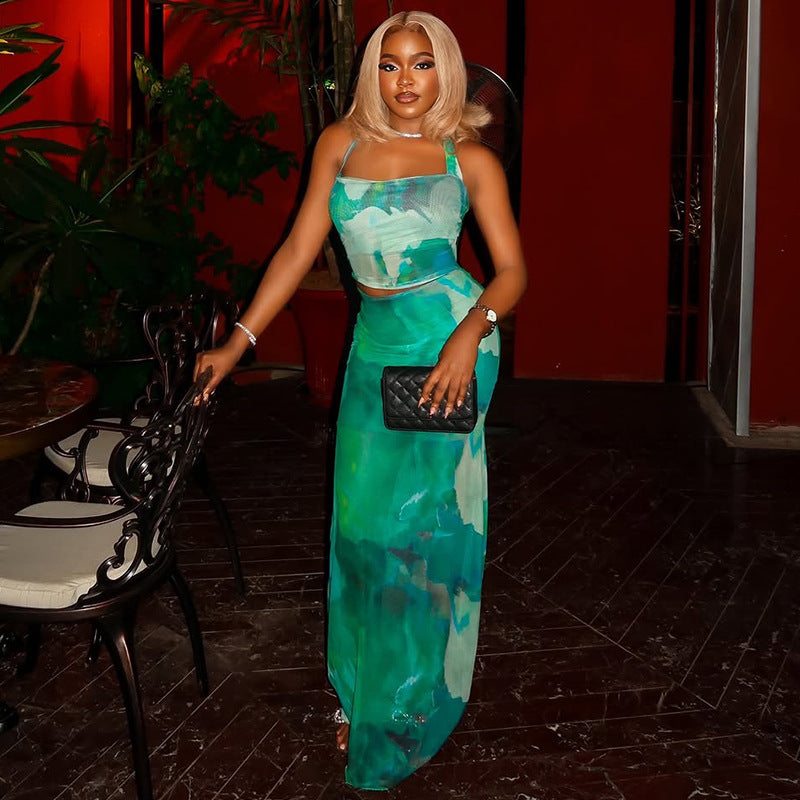 Women's Printed Color-Matching Straps Halter Vest Long Skirt Two Piece Set