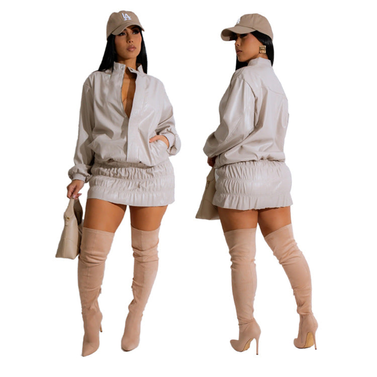 Women autumn and winter solid long sleeve Pu Leather casual stand collar skirt two-piece suit