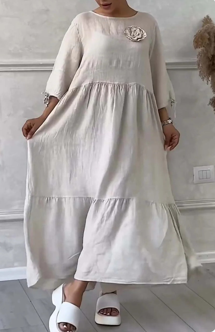 Women's Round Neck Pleated Long Sleeve Drawstring Back Tie Solid Color Casual Loose Dress 20