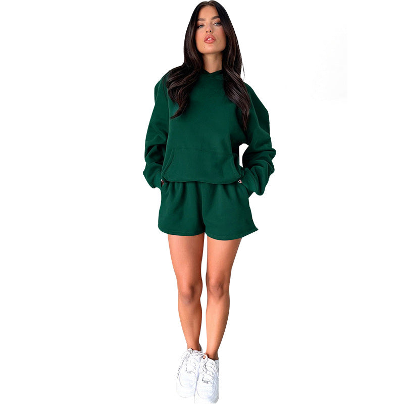 WomenSolid Long Sleeve Hoodies and Casual Shorts Two-Piece Set 20