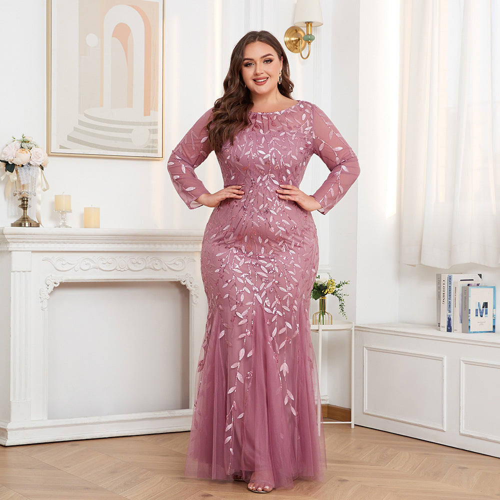 Plus Size Women Long Sleeve Round Neck Zipper Fishtail Embroidery Evening Dress 3