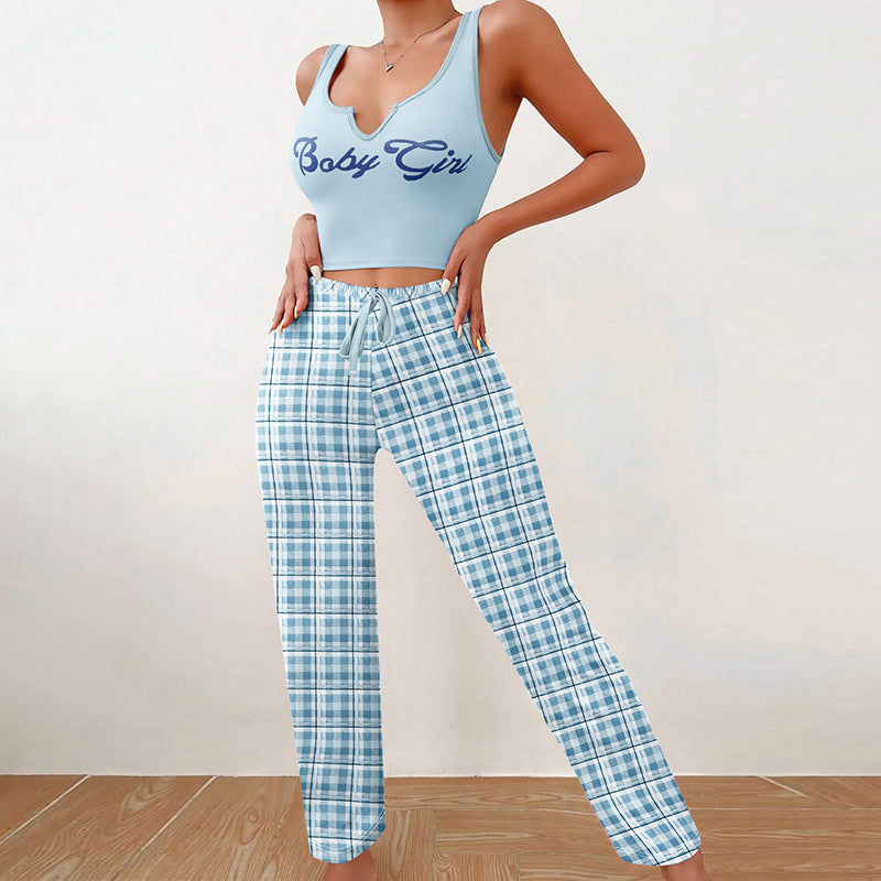 Girl Home Wear Letter Printed Vest Top Color Block Plaid Trousers Women's Pajamas