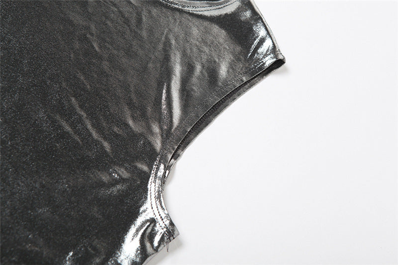 Women Summer Metallic Shiny Solid Round Neck Sleeveless Crop Top Bodycon Skirt Two-Piece Set 24