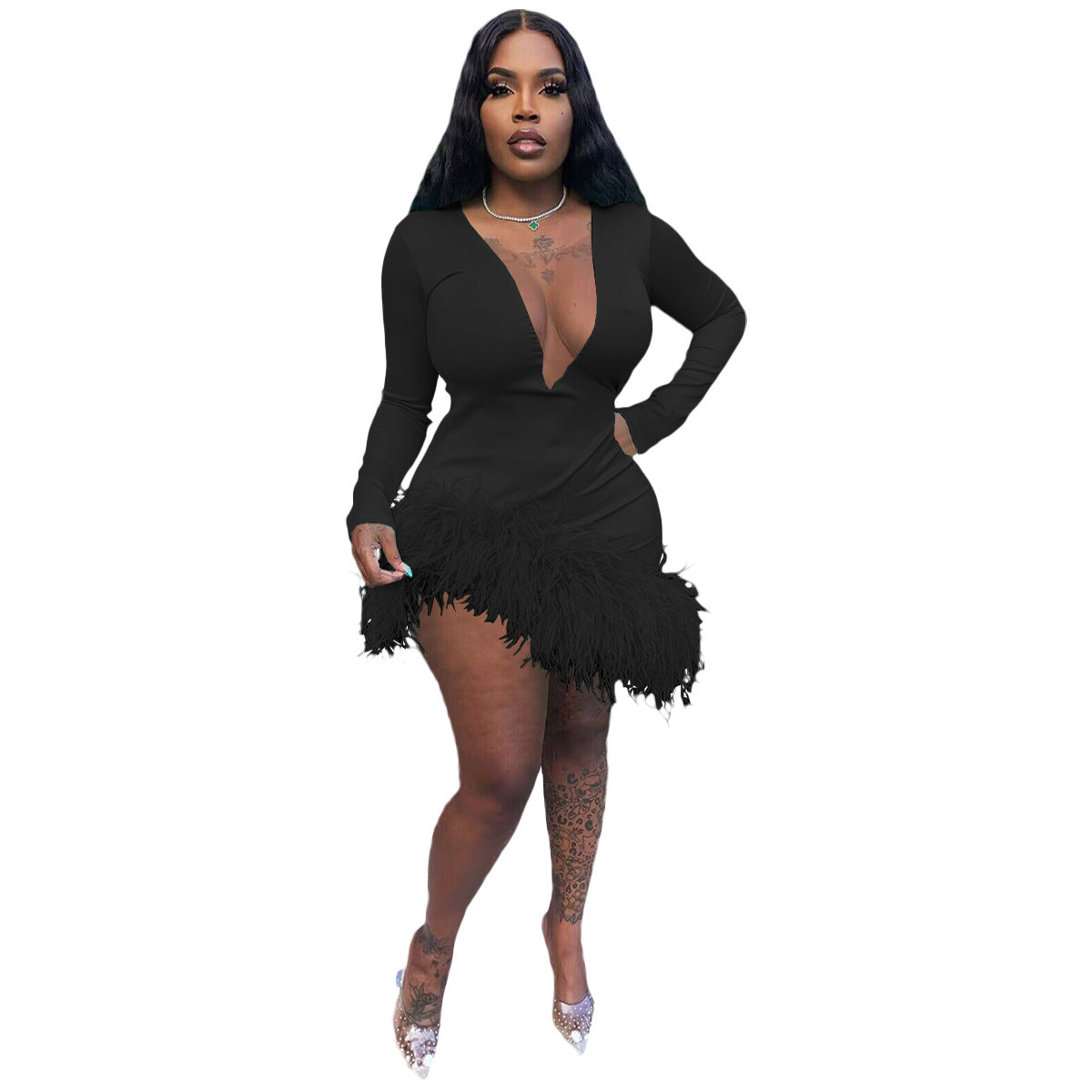 Autumn and winter sexy v-neck fringed dress 3