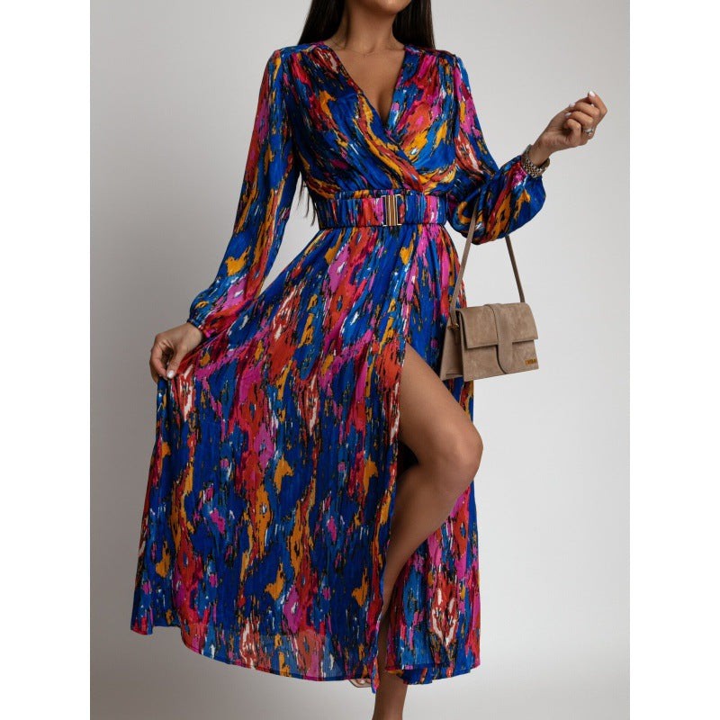 Fashion Print V-Neck Long Sleeve Belt Dress 7