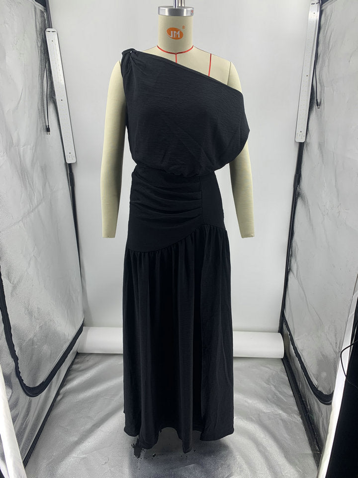 Solid Sexy Slash Shoulder Off-Shoulder Slim Waist Slit Gown Dress 13