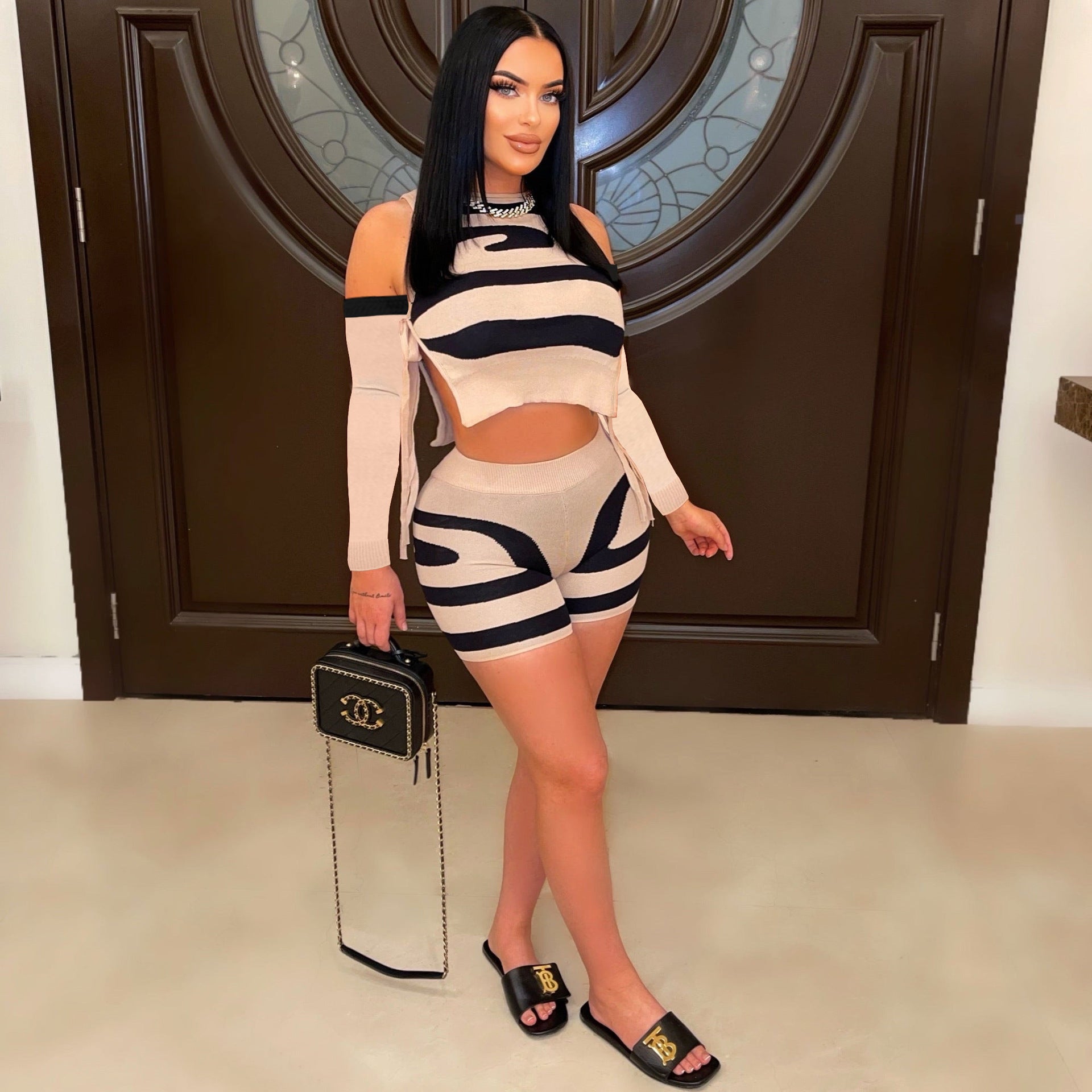 Women's Cutout Lace-Up Print Casual Knitting Two-Piece Shorts Set 6