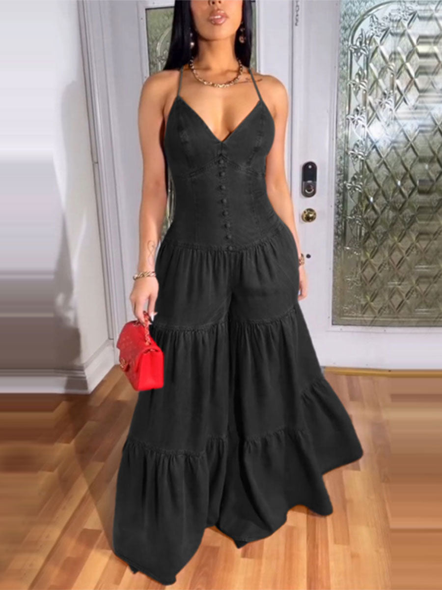 Spring Women's Sweet Sexy V-Neck Strap Low-Back Wide Leg Jumpsuit 4