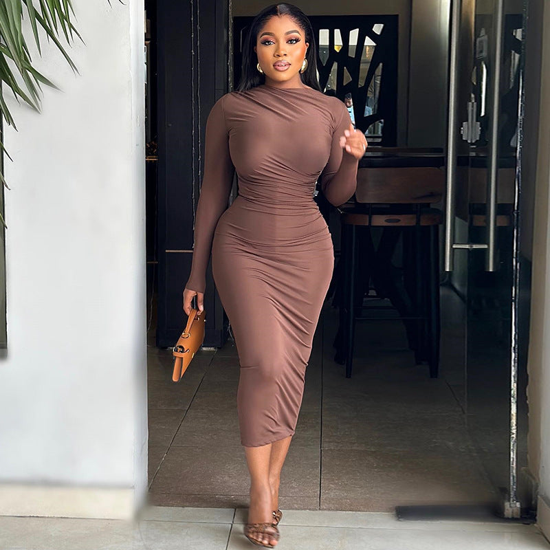 Women's Solid Color Round Neck Long Sleeve Slim Midi Dress