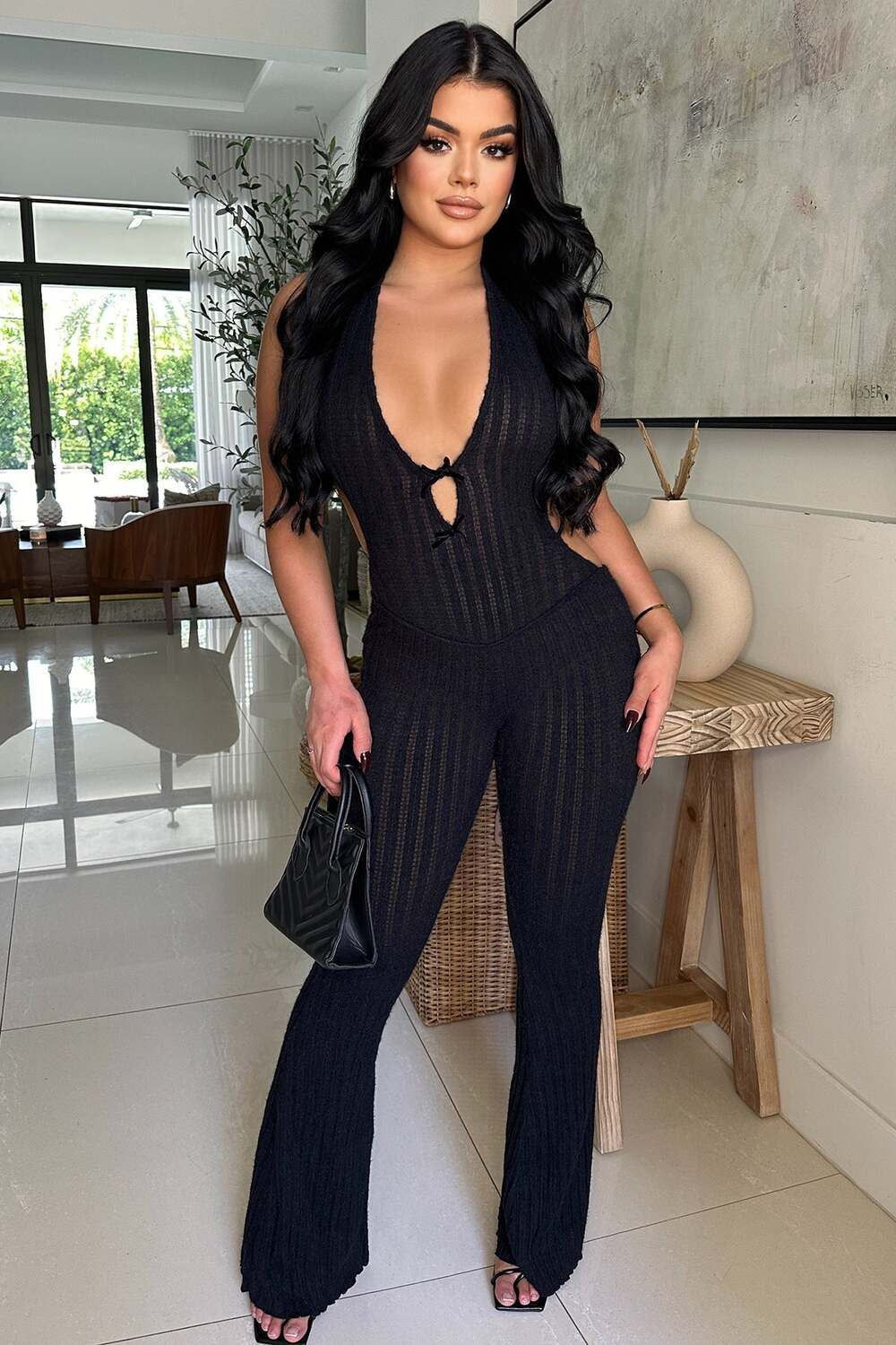 Women summer Halter Neck lace-up backless sexy Bell Bottom Jumpsuit 3