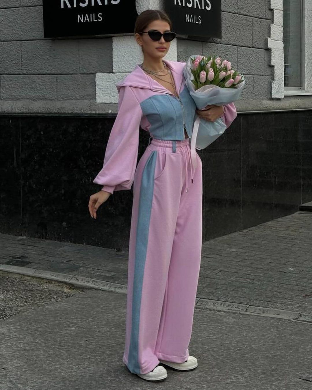 Women Casual Denim Patchwork Hooded Top Pants Two Piece Set 3