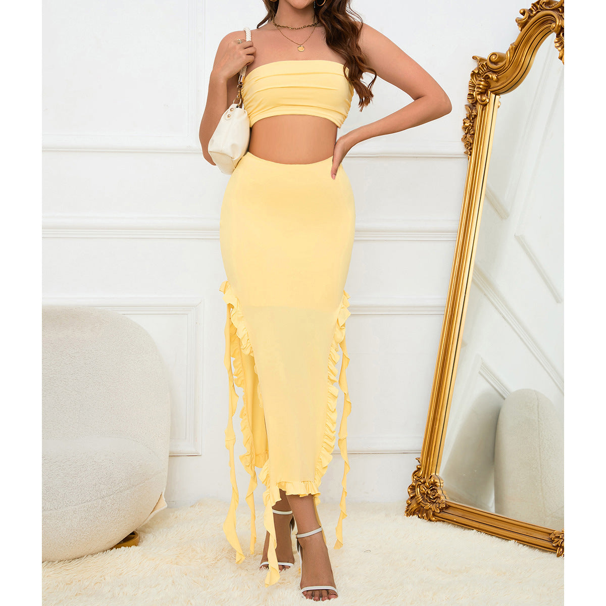 Women's Sexy Solid Color Strapless Slim Two Piece Skirt Set 4