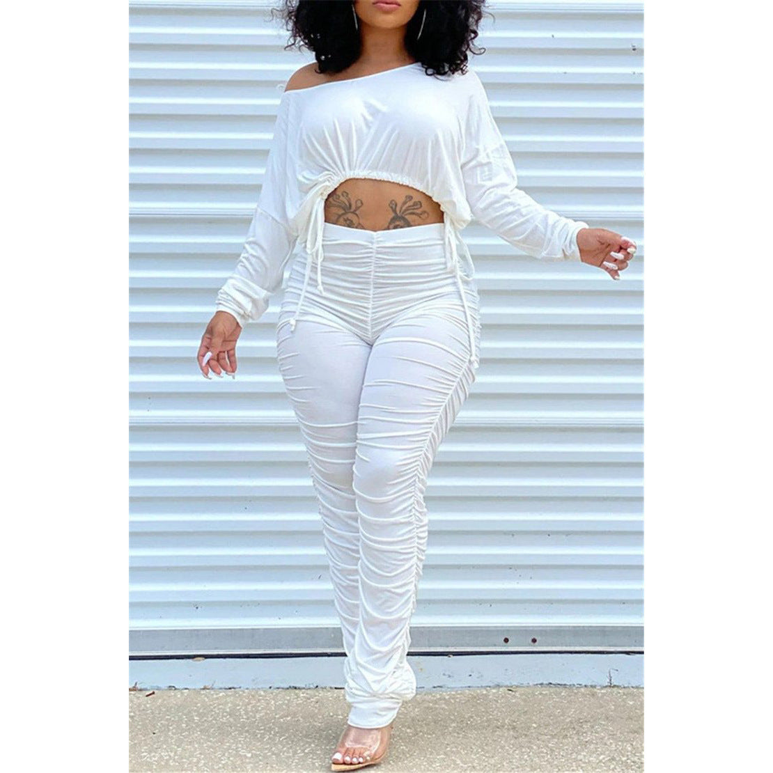 Women's Autumn And Winter Fashion Casual Sports Round Neck Pleated Drawstring Long-Sleeved Two Piece Trousers Set 3