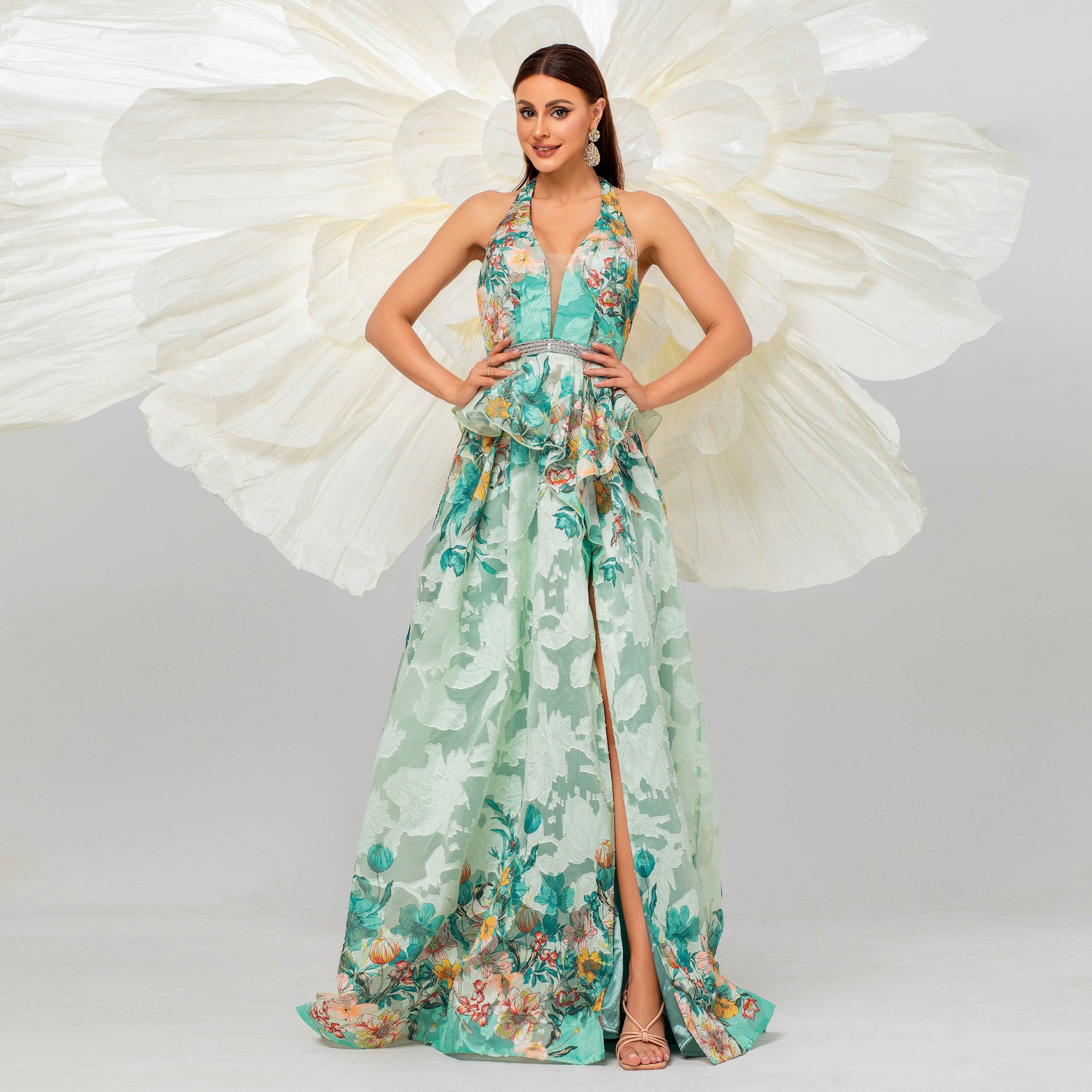 Women Sleeveless V-Neck Halter Neck Maxi Wedding Evening Dress 3