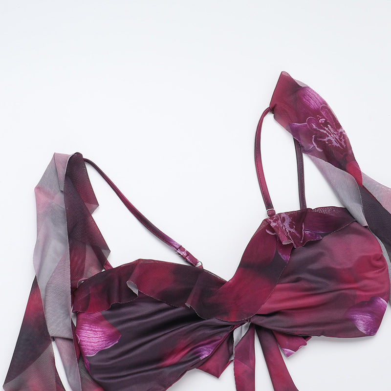 Street-Style Holiday Ruffled Print Two Piece Set Summer Sexy Slit Skirt Set 10