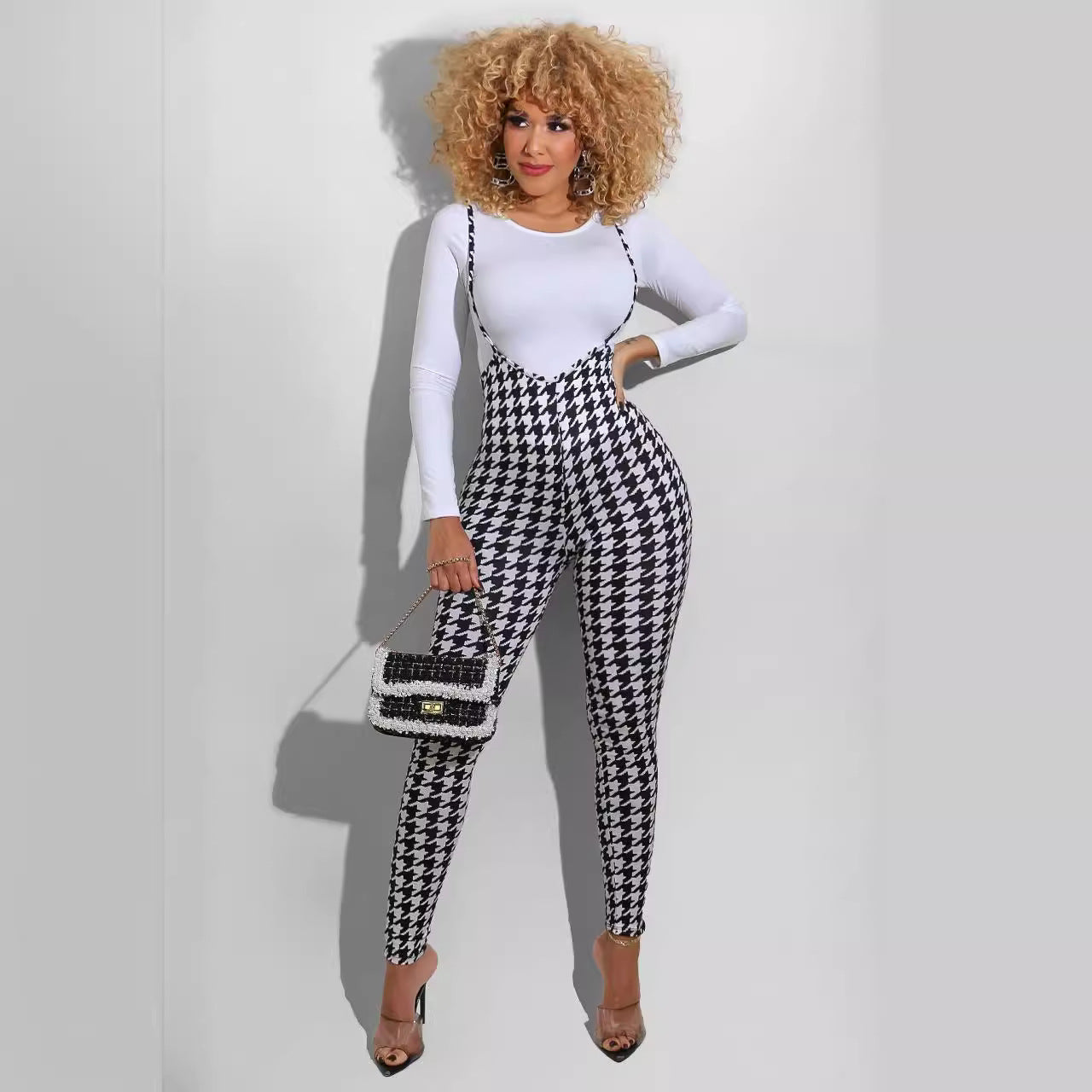 Spring Printed Long-Sleeved Slim Fit Women's Strap Casual Two Piece Pants Set 8