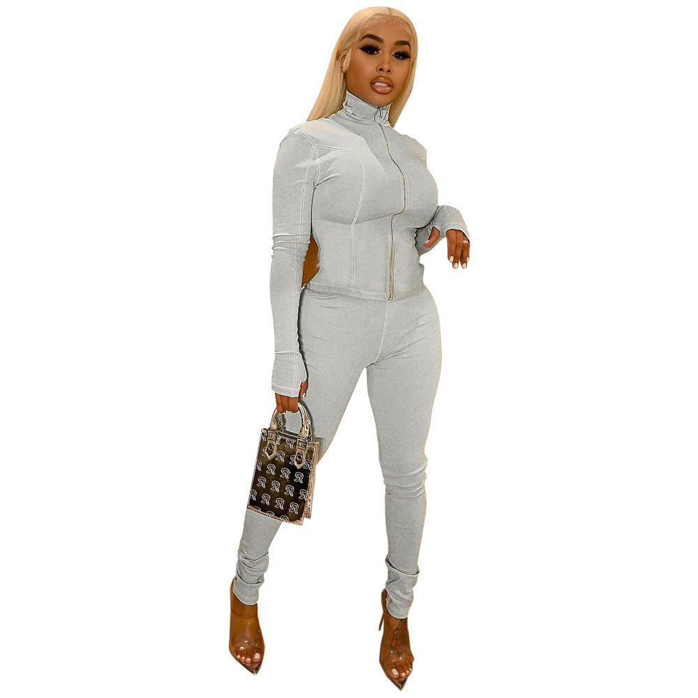 Women's Casual Long Sleeve Tight Slim Sport Two Piece Pants Set 7