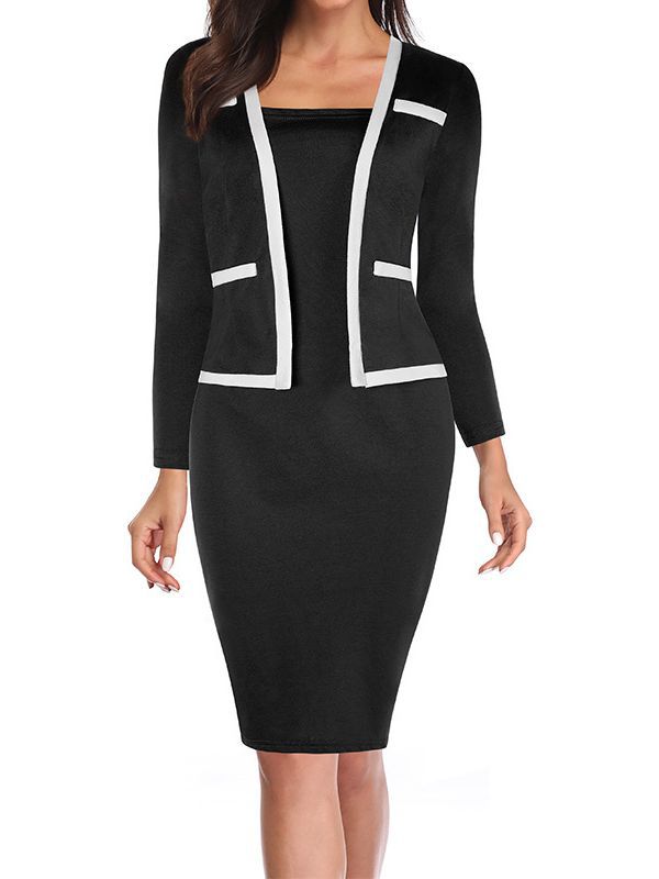 Women's Three Quarter Sleeve Fake Two Piece Patchwork Professional Bodycon Dress 8