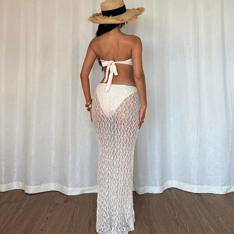Women summer solid sexy lace-up strapless top and lace maxi skirt two-piece set 9