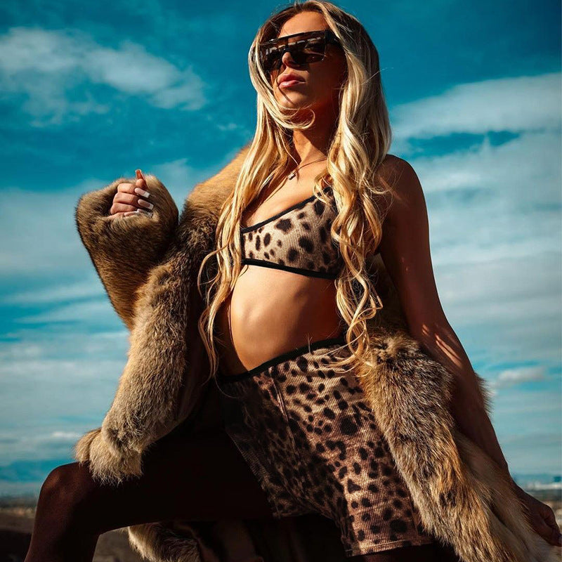 Women summer leopard print suspender Top and shorts Two Piece Set 4