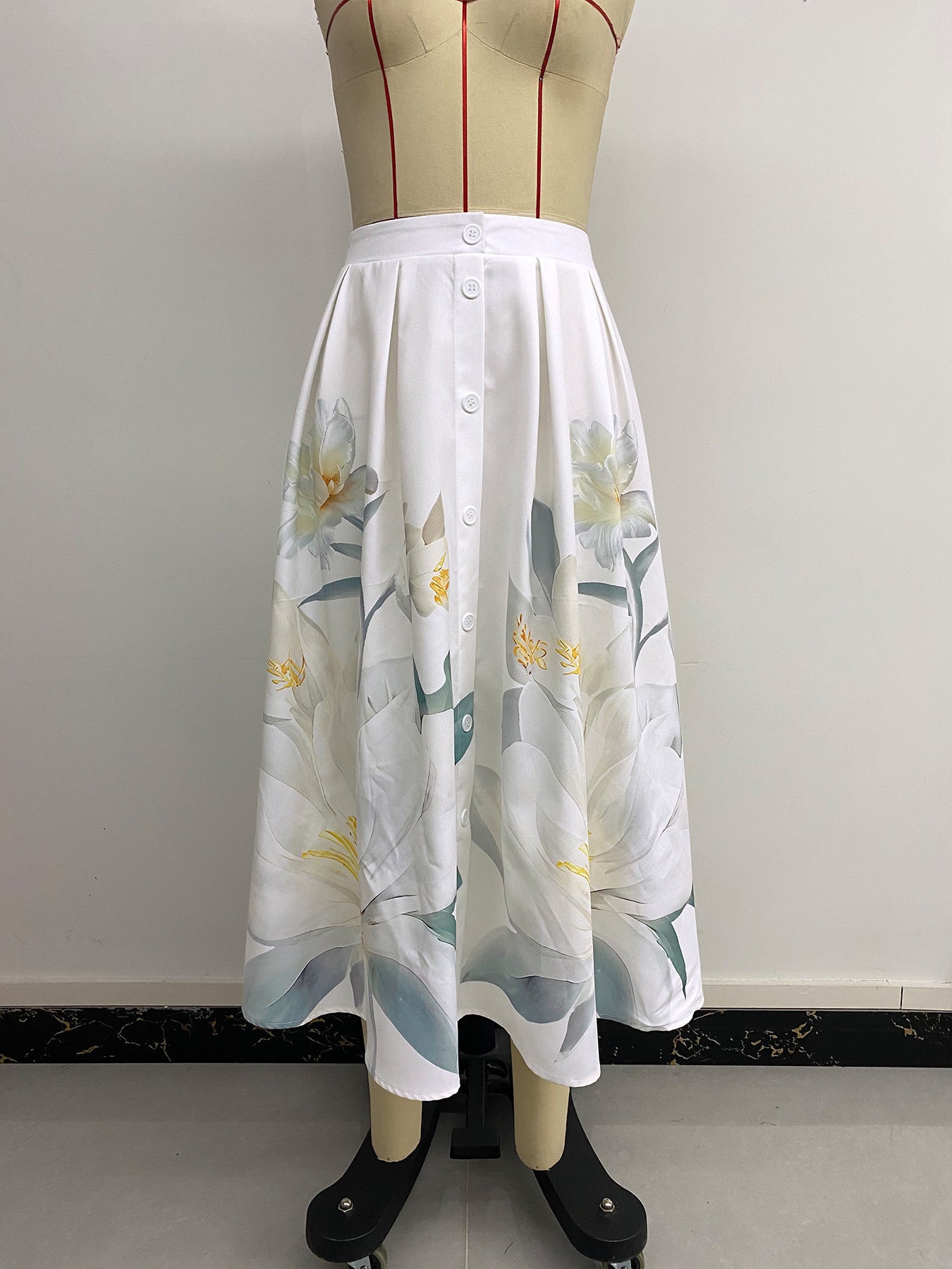 Button-Decorated Holiday Casual Floral Print A-Line Skirt 6