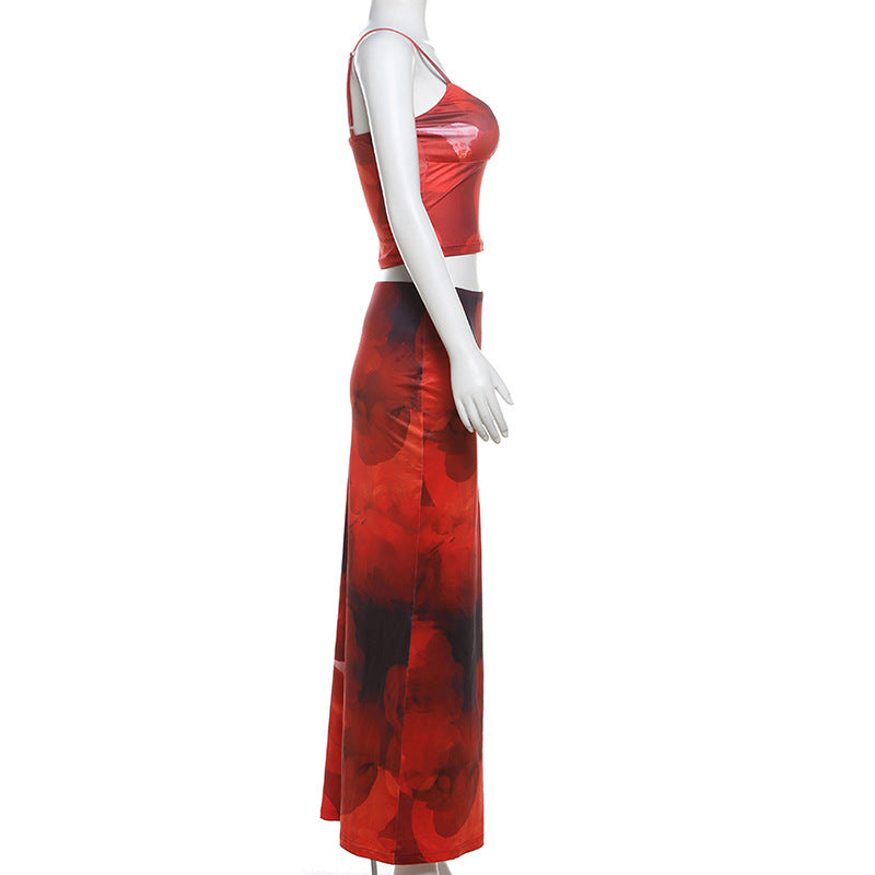 Women Summer Sexy Print Suspender Top Bodycon SkirtTwo Piece Set 24