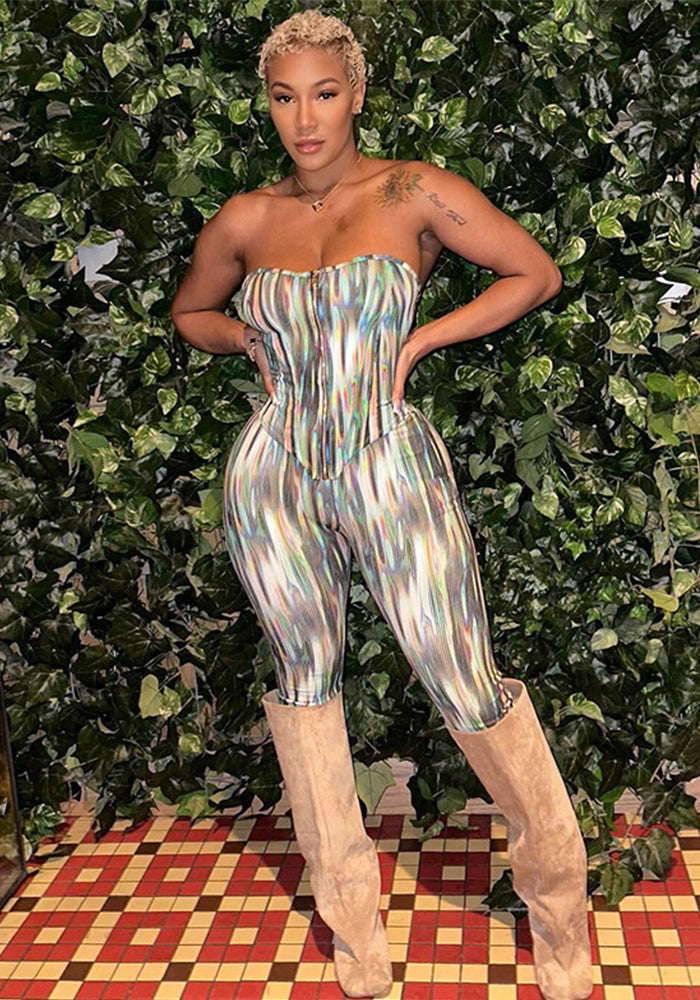 Women spring and summer Strapless off-shoulder zipper tie-dye top and pants two-piece set