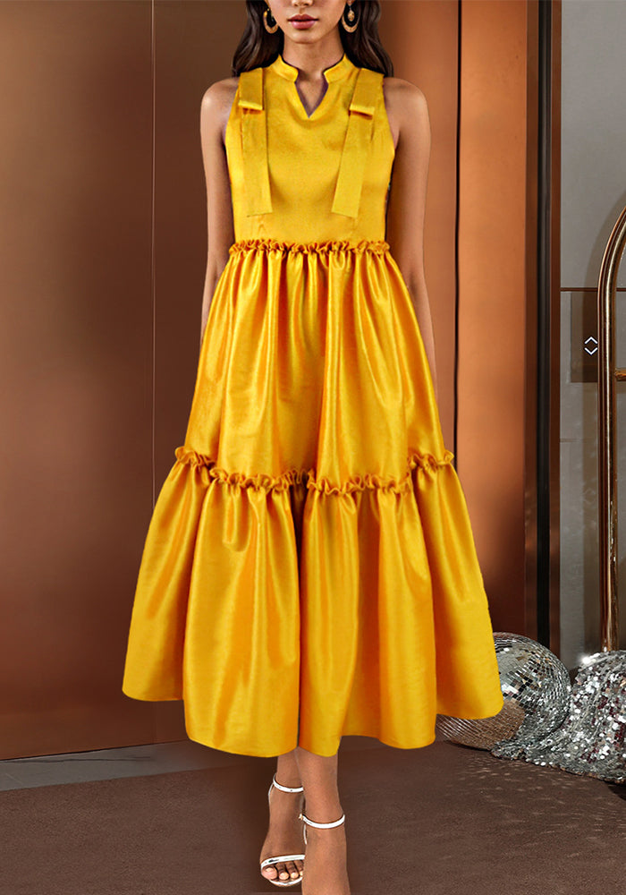 Women Spring Half Open Collar Sleeveless Pleated Dress