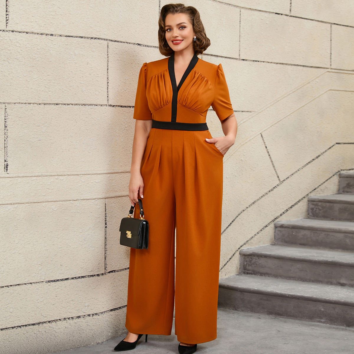 Plus Size V-Neck Pleated Color-Matching Slim Waist Elegant Wide-Leg Jumpsuit 8