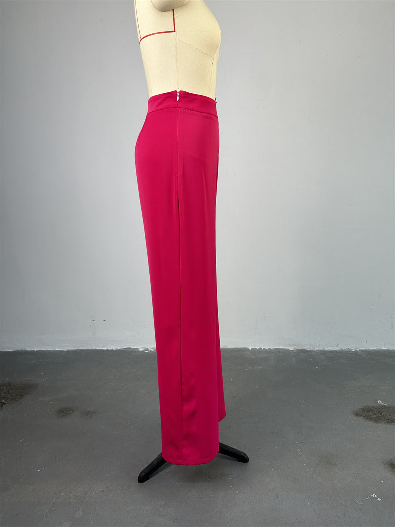 Women's Summer Stand Collar Buttoned Sleeveless Slim Waist Belt Top Wide Leg Pants Two Piece Set 18