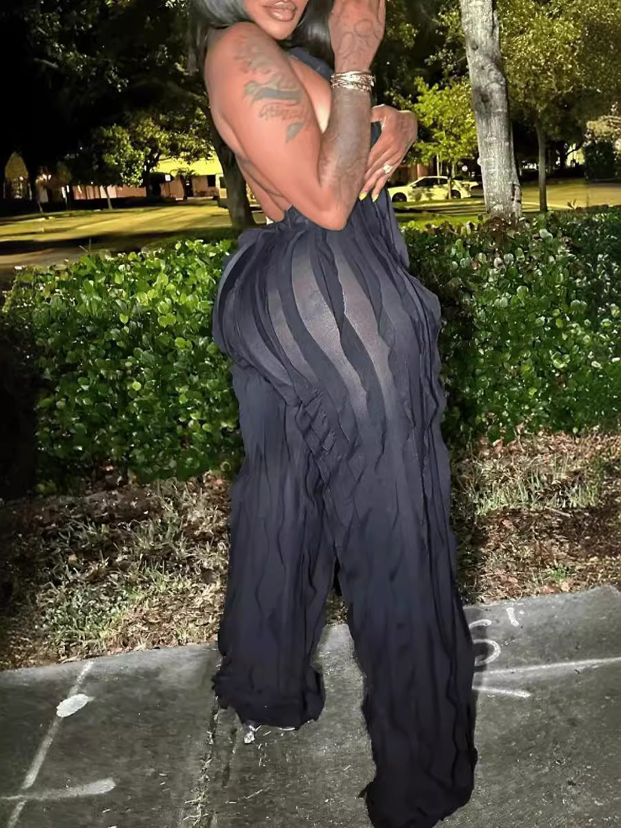 Women Casual Sexy Solid Backless See-Through Halter Neck Black Jumpsuit 5