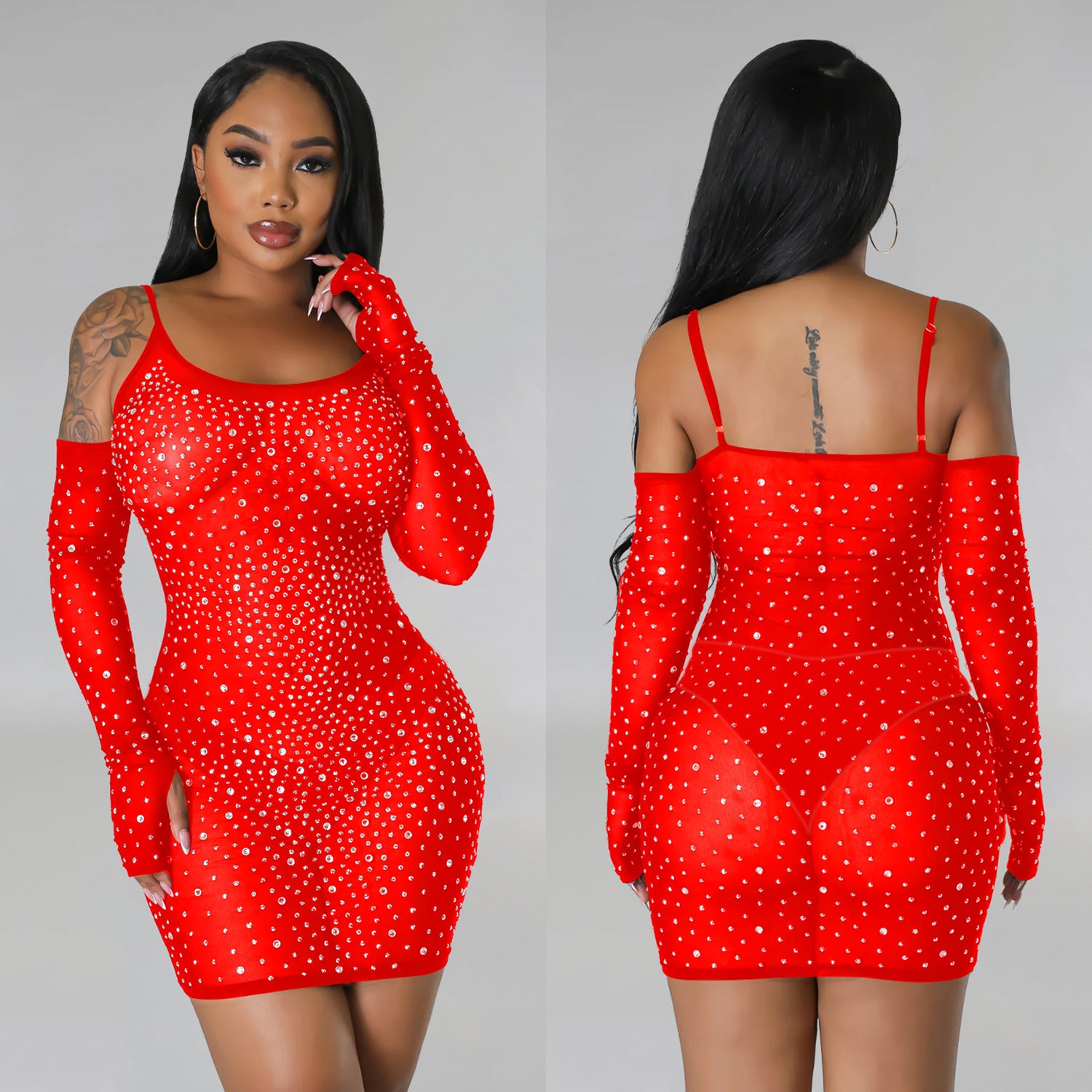 Women's Fashion Solid Color Mesh Beaded See-Through Slip Dress 6