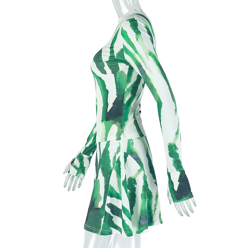 Women Printed Turtleneck Top and Skirt Two-piece Set 11