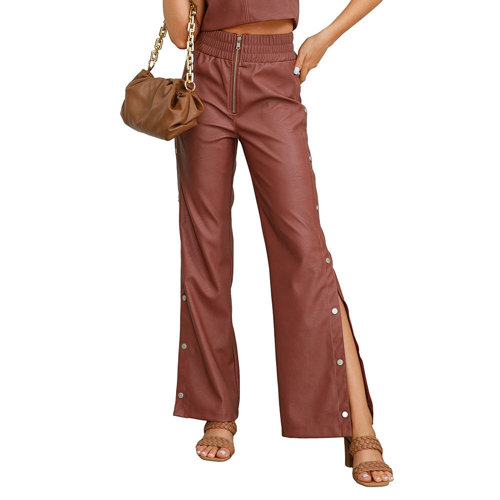 Solid color high-waisted straight trousers Chic autumn and winter leather pants 8