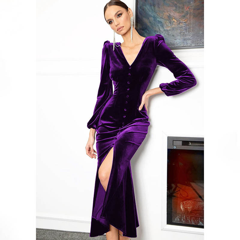 Women Autumn Knittingv Collar Solid Padded Shoulder Long Sleeve Slit Evening Dress 7