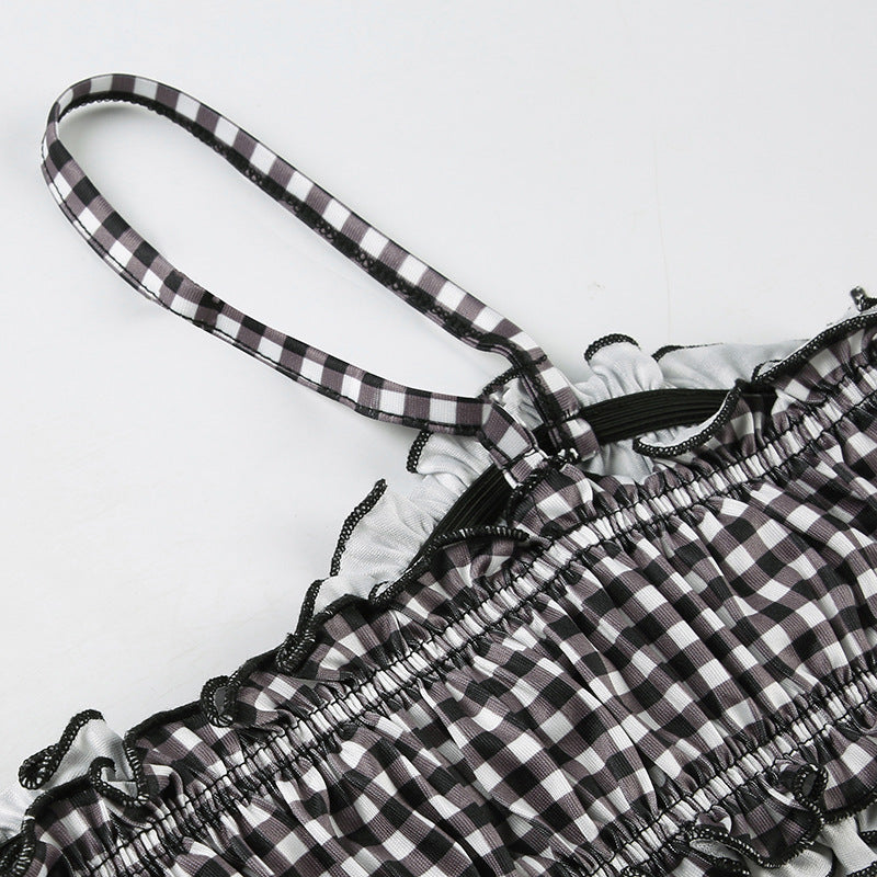 Women Summer Holidays Plaid Suspender Top Shorts Swimwear  Two-piece Set 24