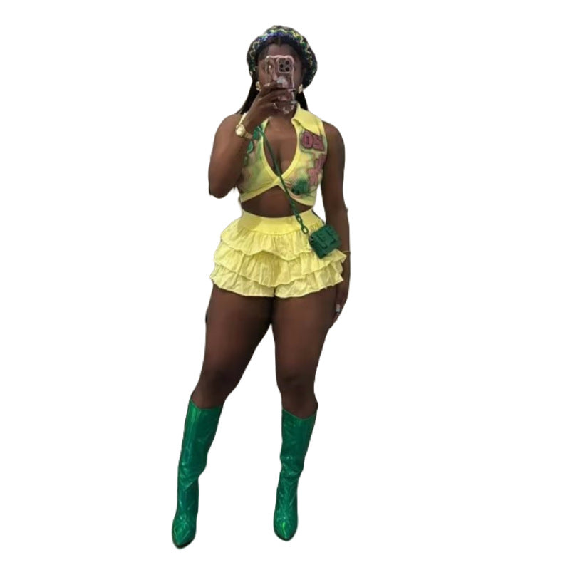 Printed Ruffle Elastic Waist Casual Shorts Set 6