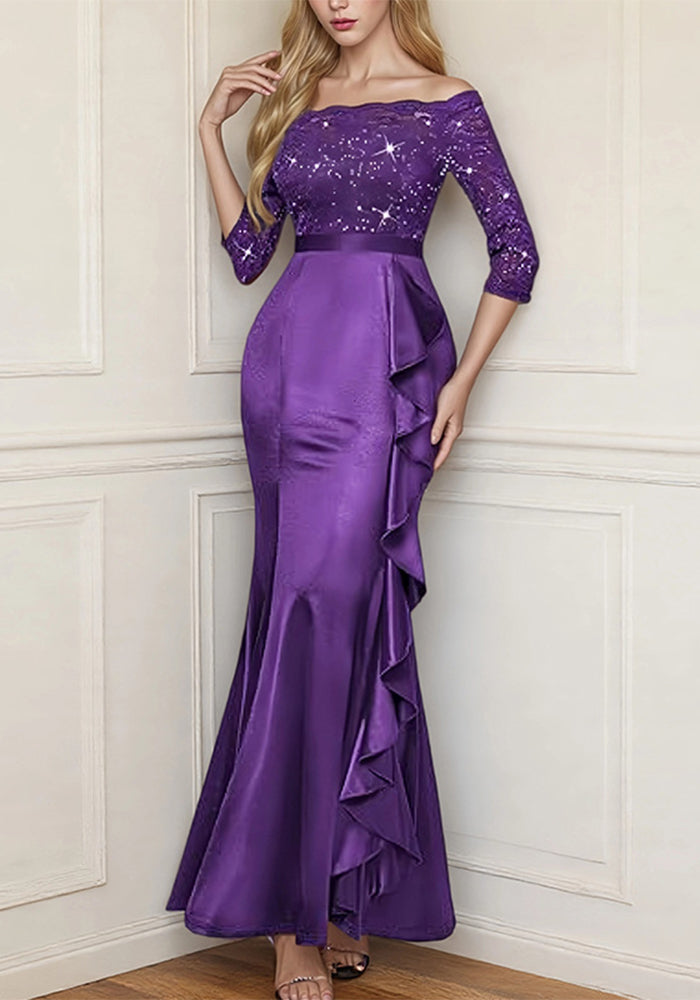 Women Elegant Floral Lace Pleated Slit Maxi Dress